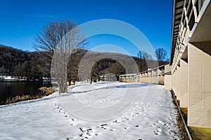 Abstract Winter View of the Peaks of Otter Lodge by Abbott Lake